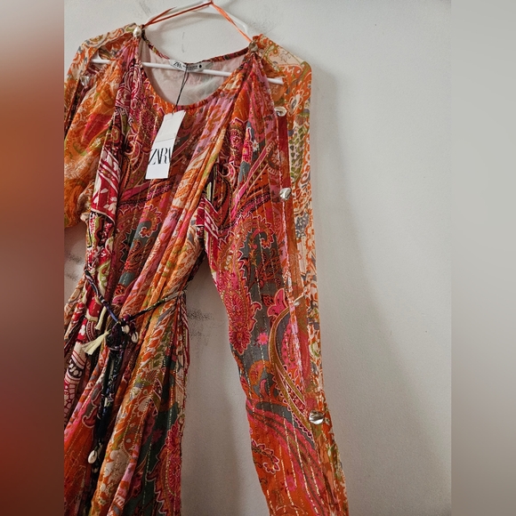 NWT Zara Short Printed Dress Belted Multicolored Orange Size XL 7521/049 - Picture 7 of 15